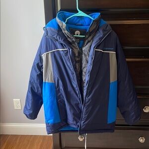 Weatherproof Blue and Gray Puffer Jacket with Hood